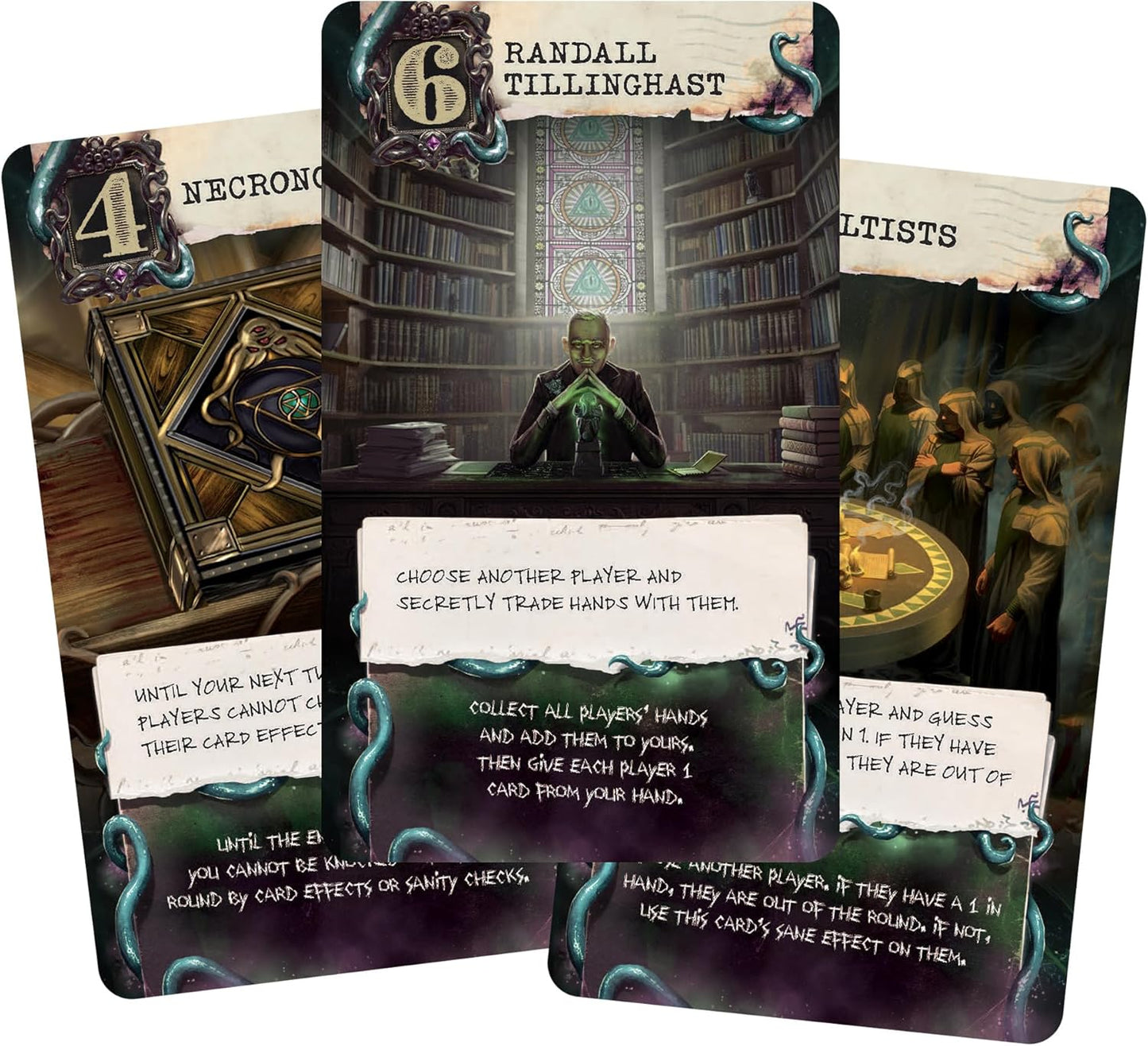 Gothic-themed card game cards with intricate designs and text.