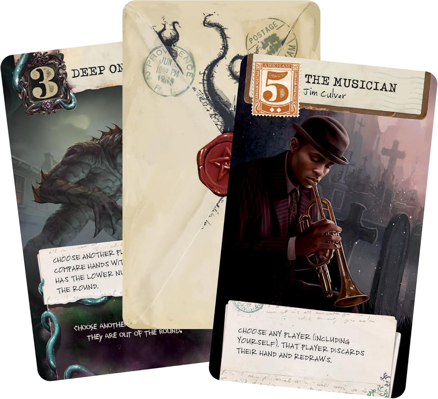 Three playing cards with different designs and text, featuring a character with a trumpet and a dragon illustration.
