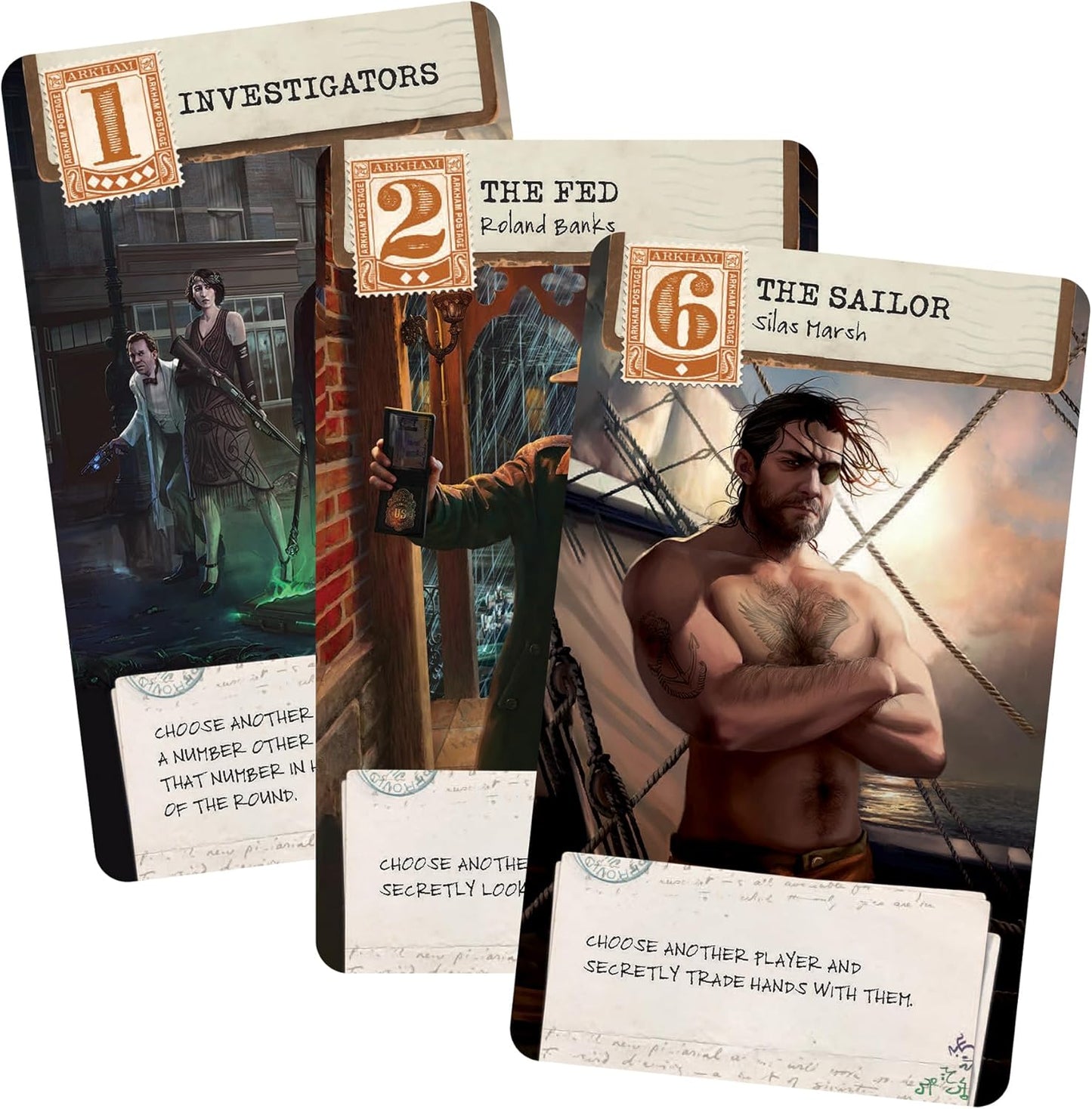 Set of game cards featuring characters and text on a white background