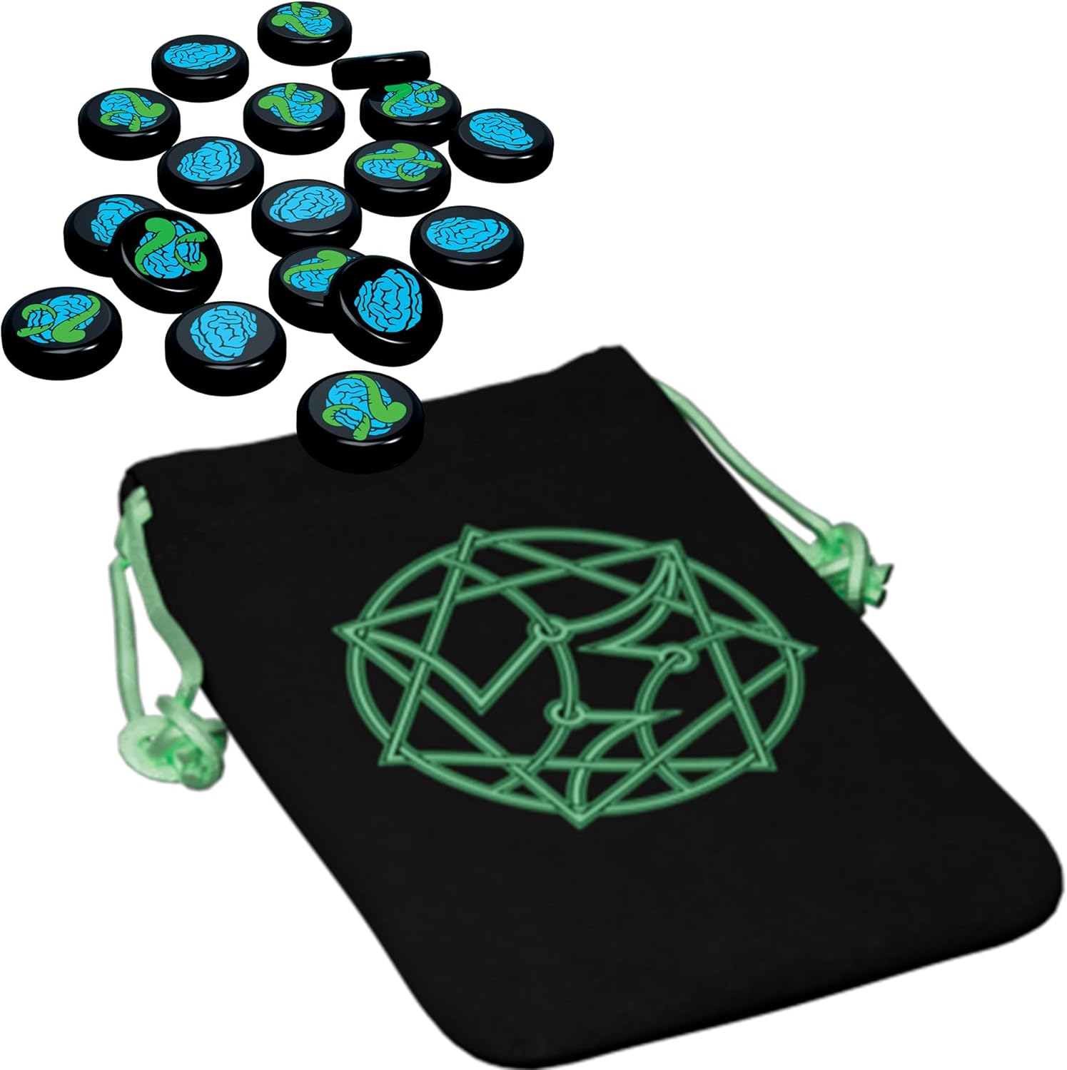 Set of dice with glowing designs on a black drawstring bag featuring a geometric symbol.