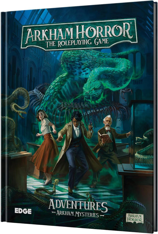 Arkham Horror roleplaying game book cover with characters and creature illustration