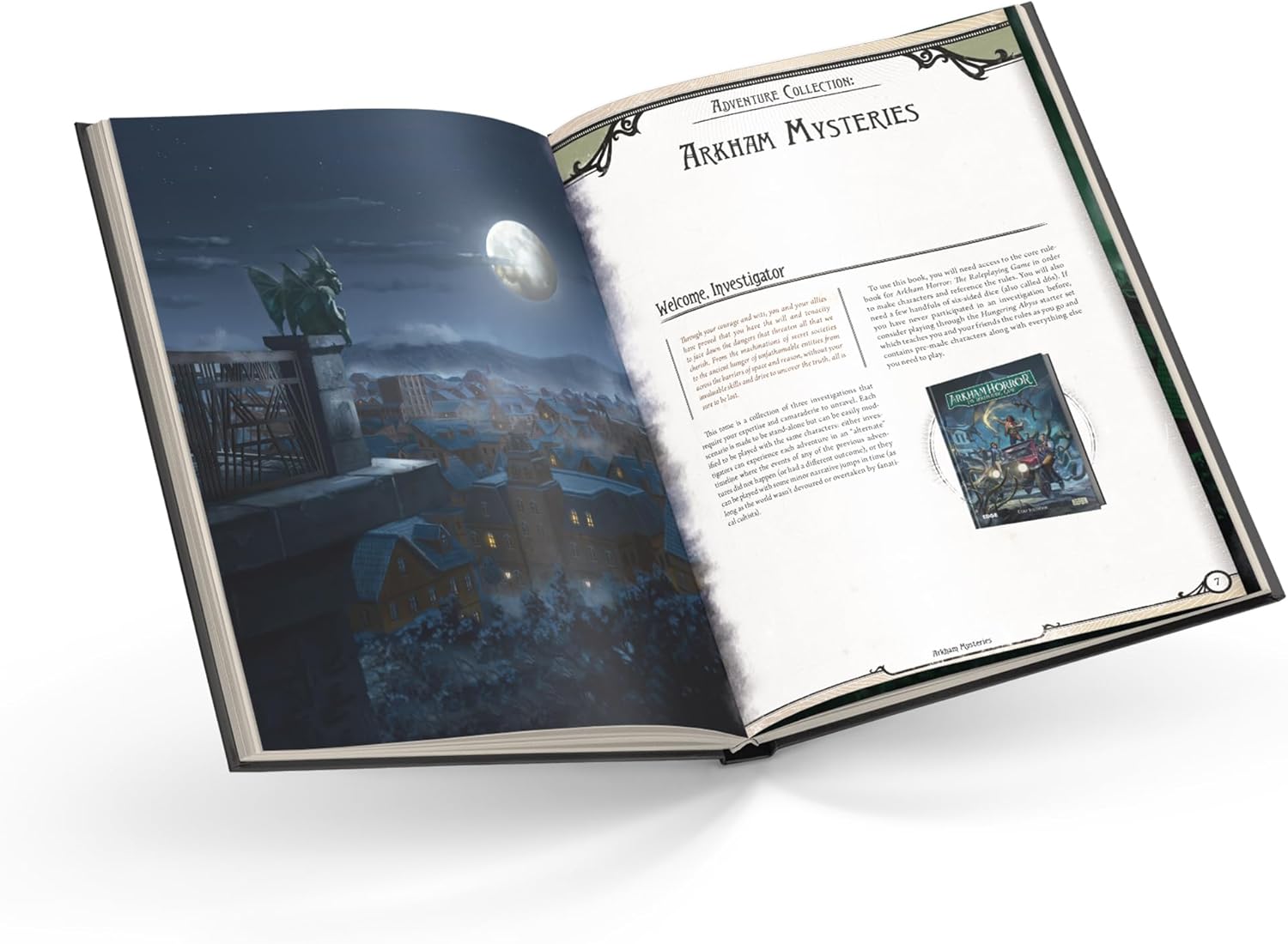 Open book showing a cityscape illustration and text on a white background