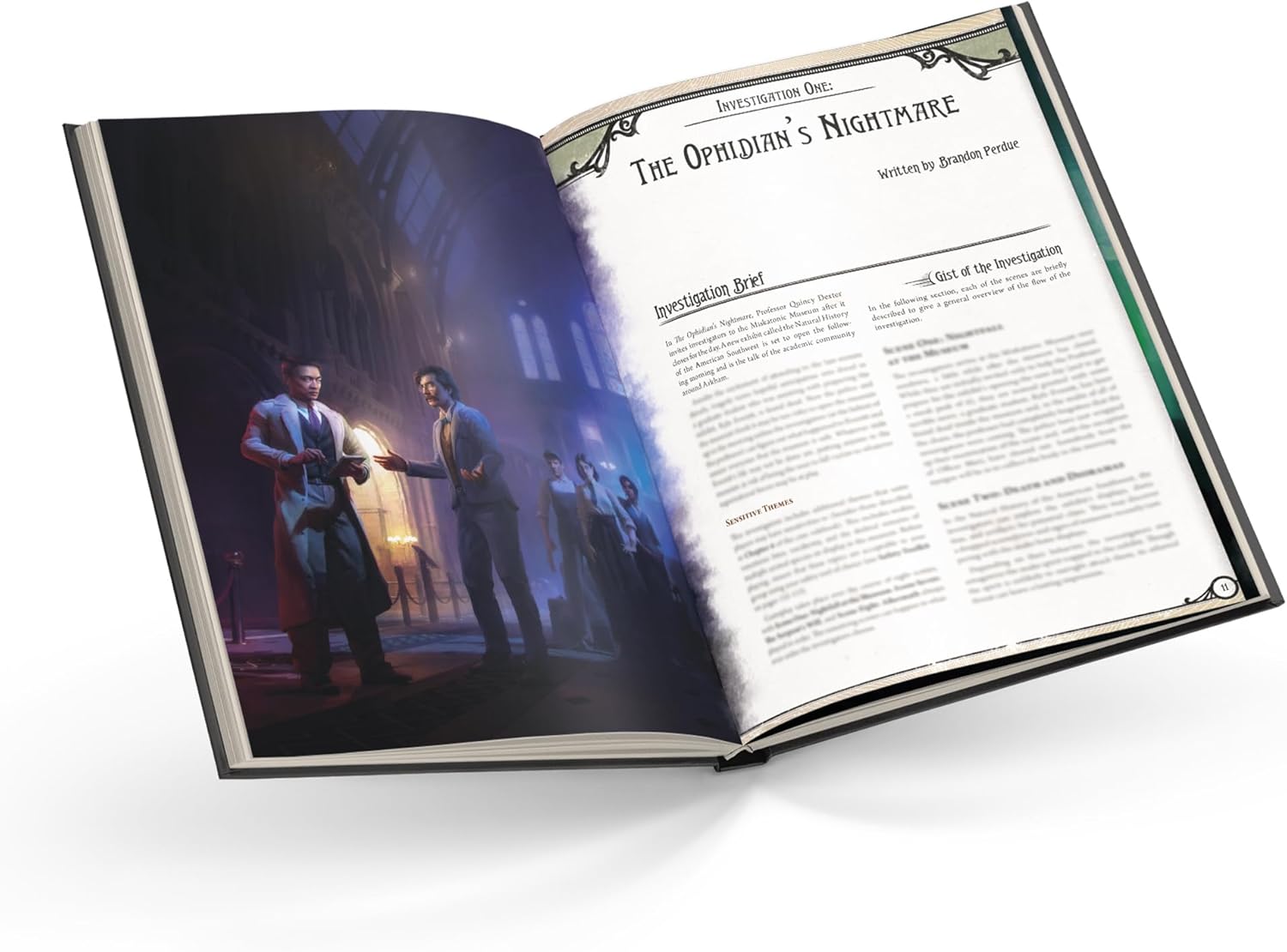 Open book showing a scene with two men shaking hands in a dimly lit room, with text on the right page.