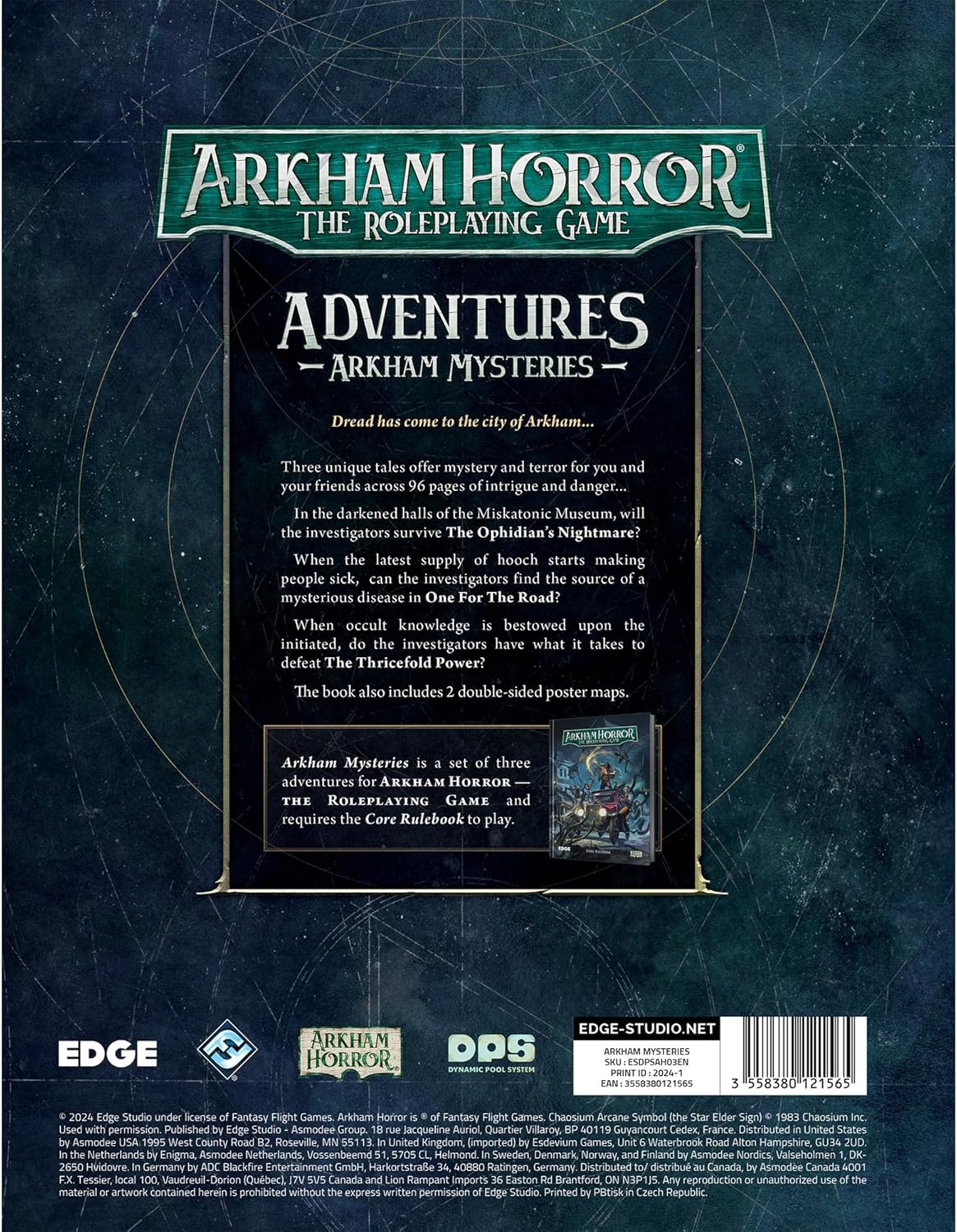 Back cover of Arkham Horror roleplaying game book with text and graphics on a dark blue background