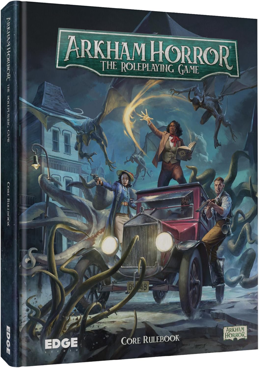 Arkham Horror roleplaying game core rulebook with vintage car and characters on the cover