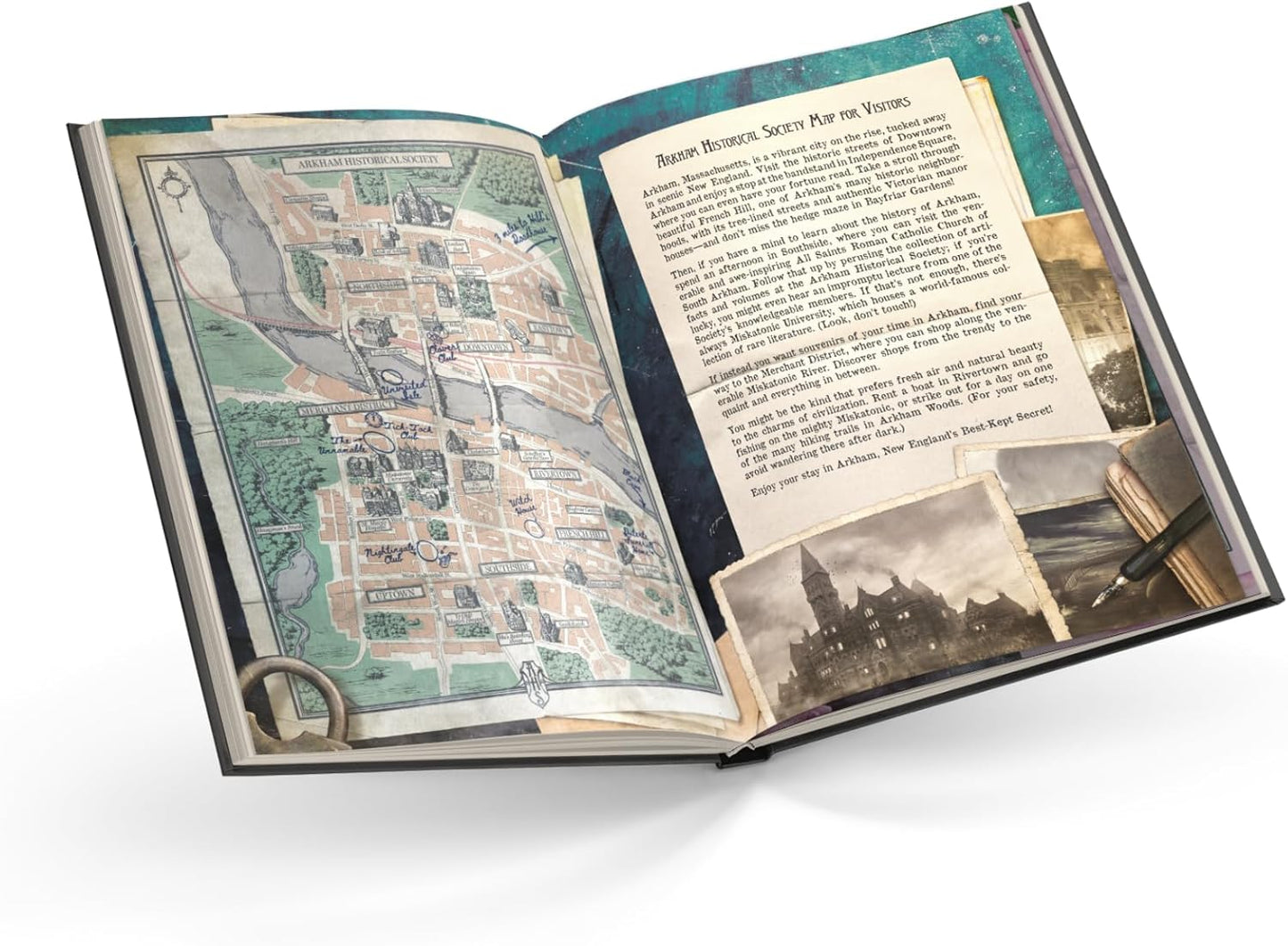 Open book with historical map and text on a white background