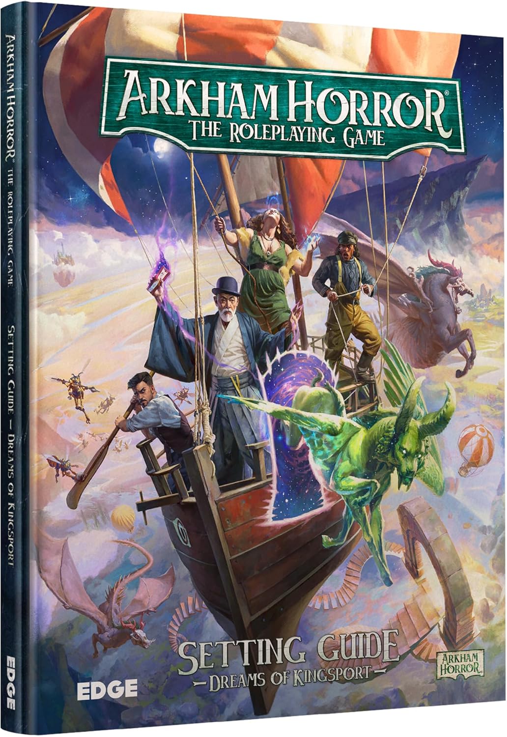 Arkham Horror roleplaying game setting guide cover with fantasy elements and characters.
