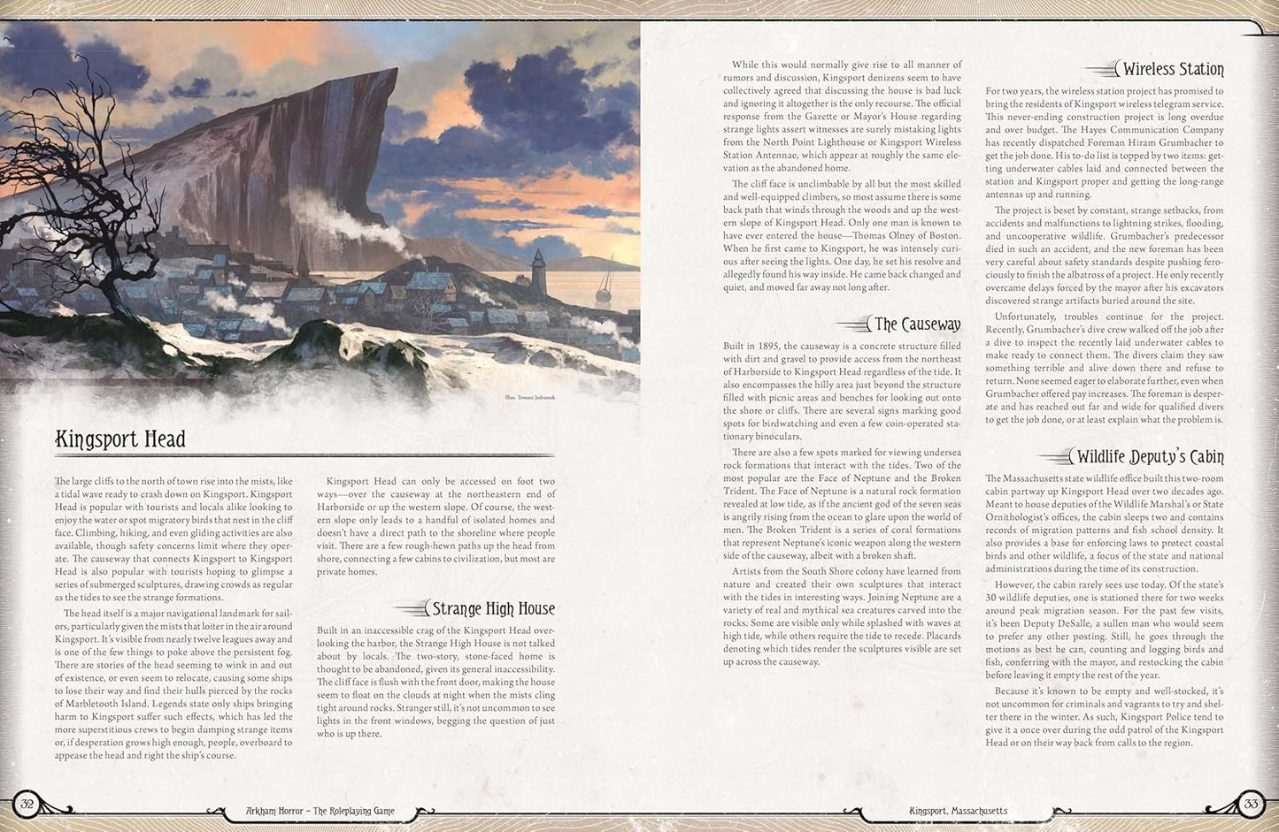 Book open to a page with a coastal scene illustration and text on the left, and large text block on the right.