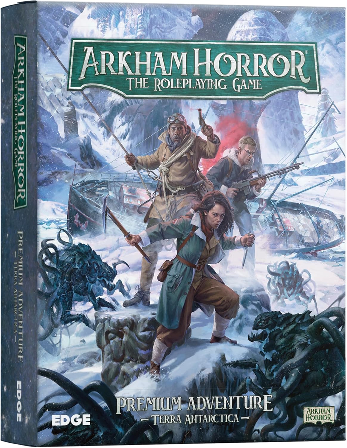 Arkham Horror: Terra Antarctica roleplaying game box with characters in a snowy landscape
