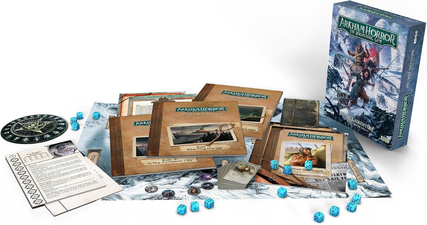 Board game components including a box, cards, and dice on a white background