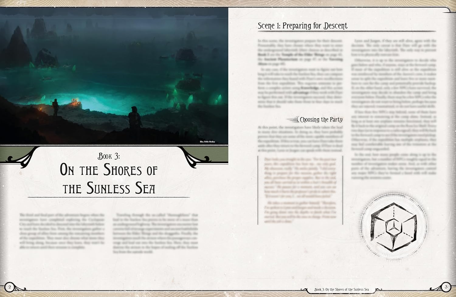 Gamebook page with a dark, mystical landscape and text on a white background