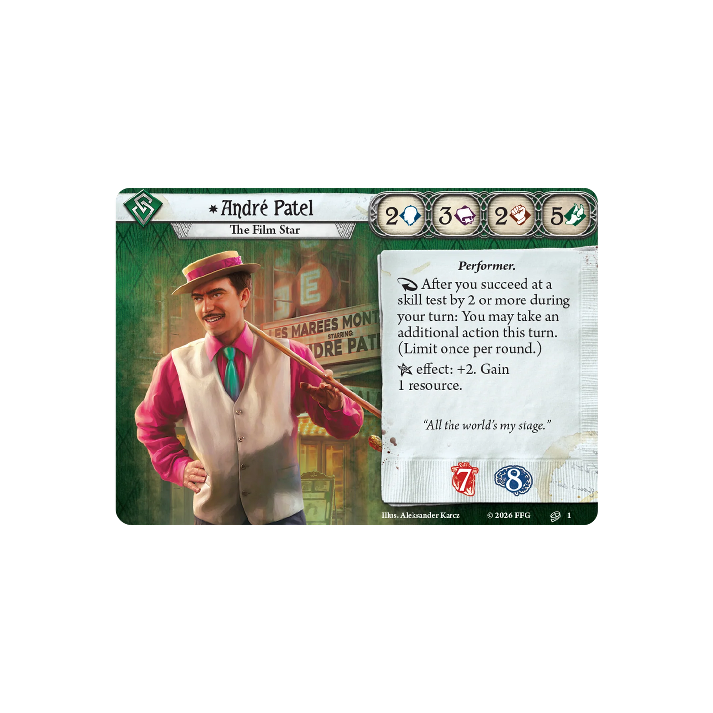 Arkham Horror: The Card Game - Andre Patel Investigator Deck Card featuring a character named André Patel with a vintage background