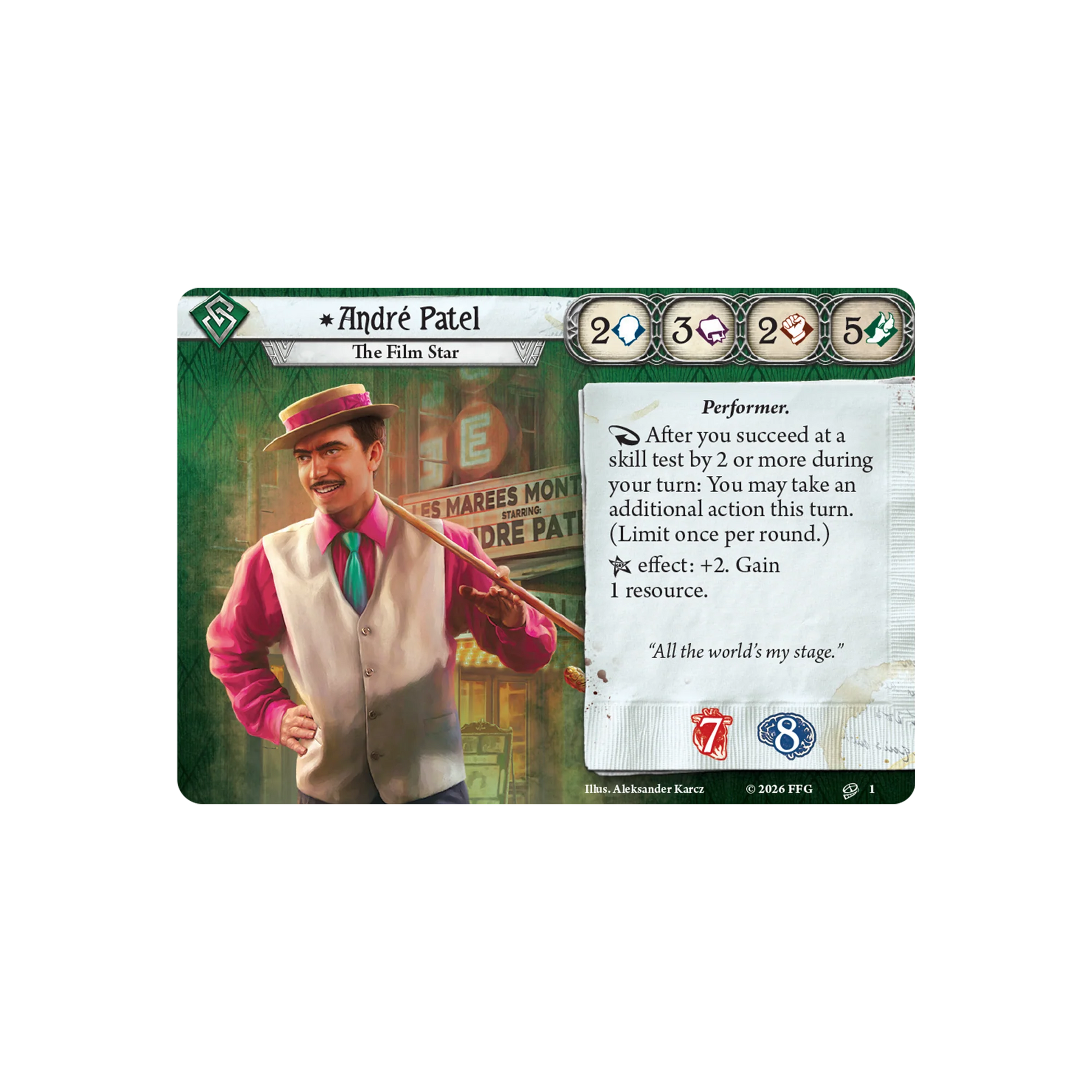 Arkham Horror: The Card Game - Andre Patel Investigator Deck Card featuring a character named André Patel with a vintage background