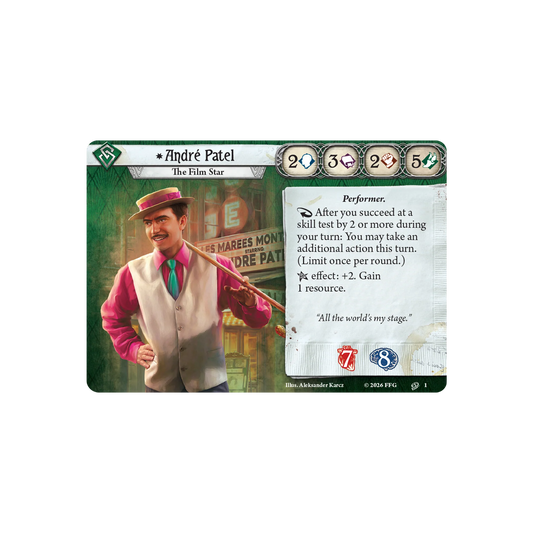 Arkham Horror: The Card Game - Andre Patel Investigator Deck Card featuring a character named André Patel with a vintage background