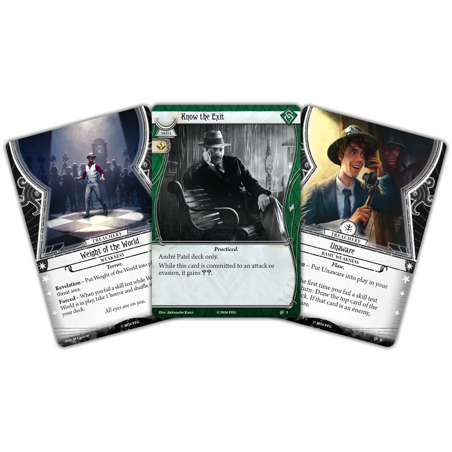 Arkham Horror: The Card Game - Andre Patel Investigator Deck Three playing cards with characters and text on a white background