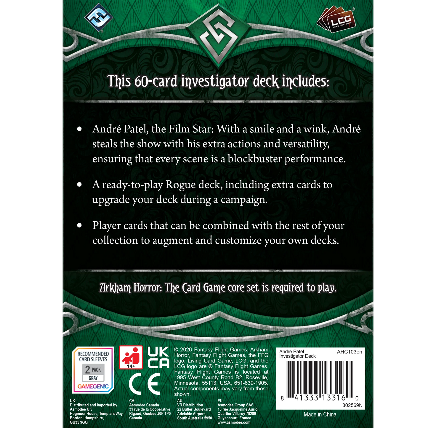 Arkham Horror: The Card Game - Andre Patel Investigator Deck Back of a card game deck packaging with text and logos
