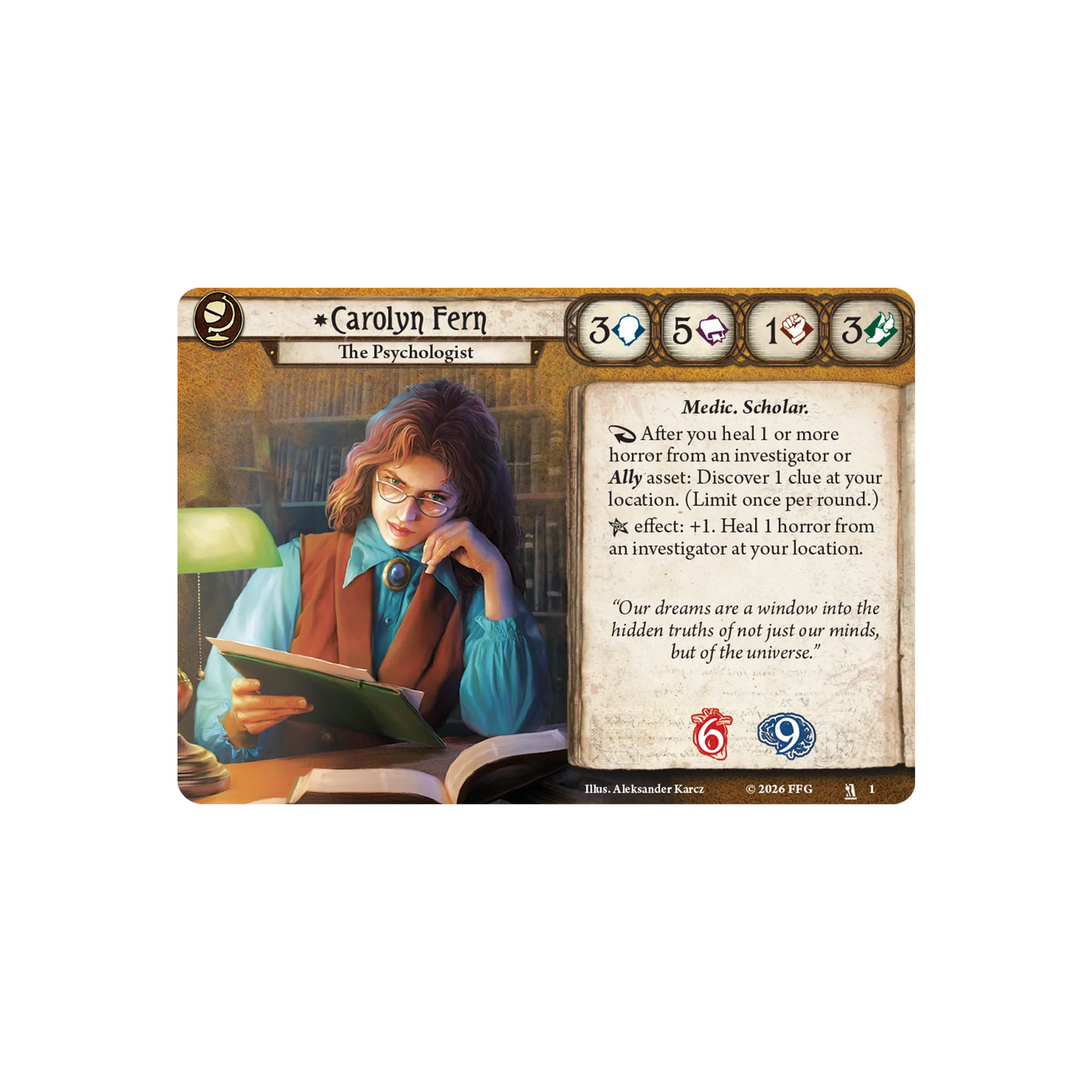 Arkham Horror: The Card Game - Carolyn Fern Investigator Deck Card featuring a character named Carolyn Fern with game text and icons on a white background