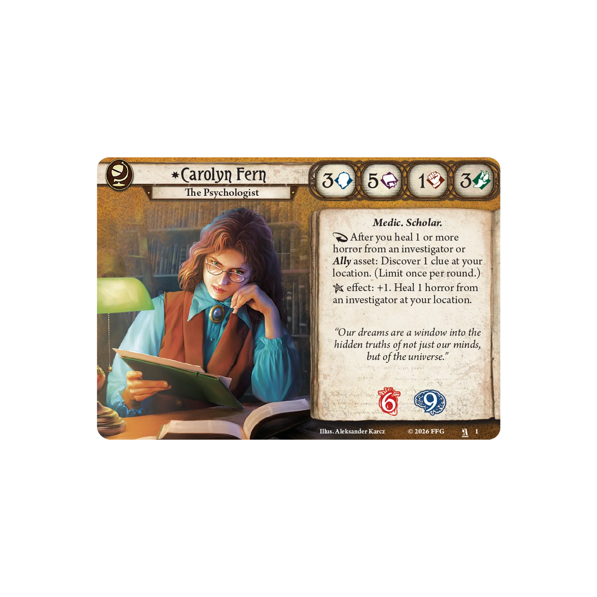 Arkham Horror: The Card Game - Carolyn Fern Investigator Deck Card featuring a character named Carolyn Fern with game text and icons on a white background