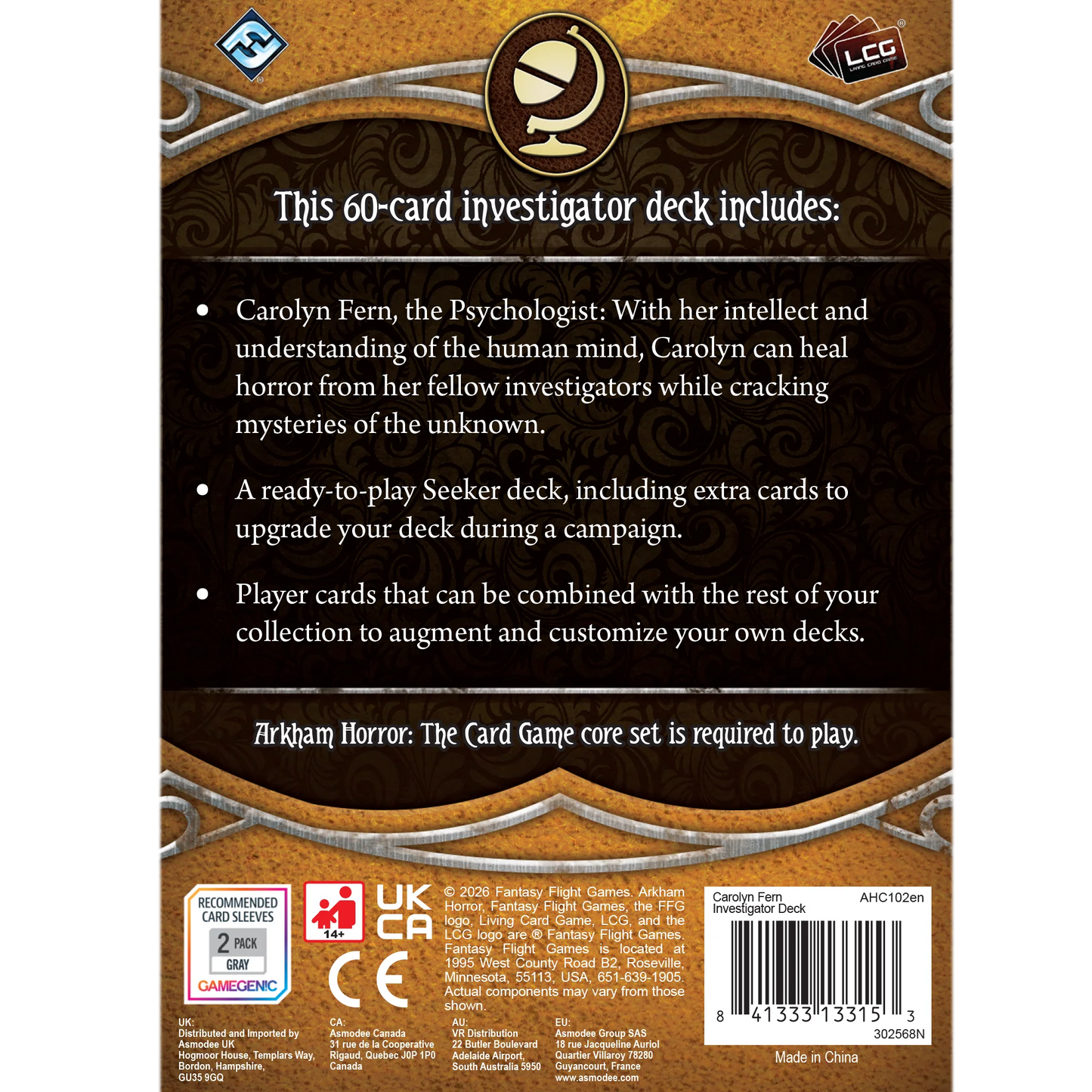Back of a card game deck packaging with text and branding for Arkham Horror: The Card Game - Carolyn Fern Investigator Deck