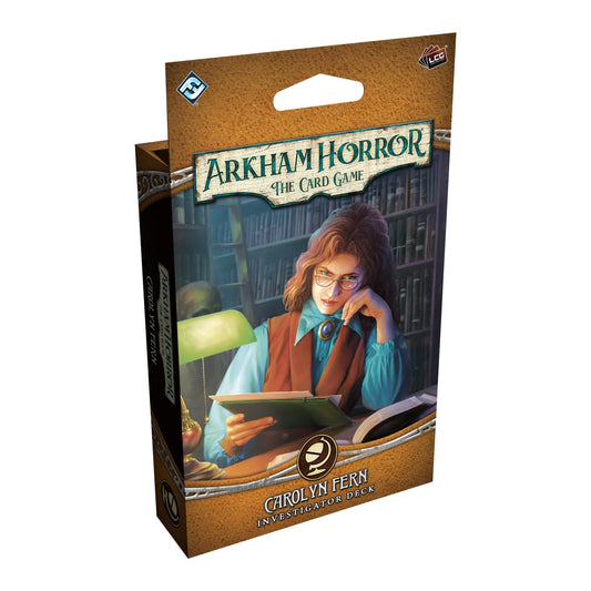 Arkham Horror card game packaging with a character reading a book in a library.
