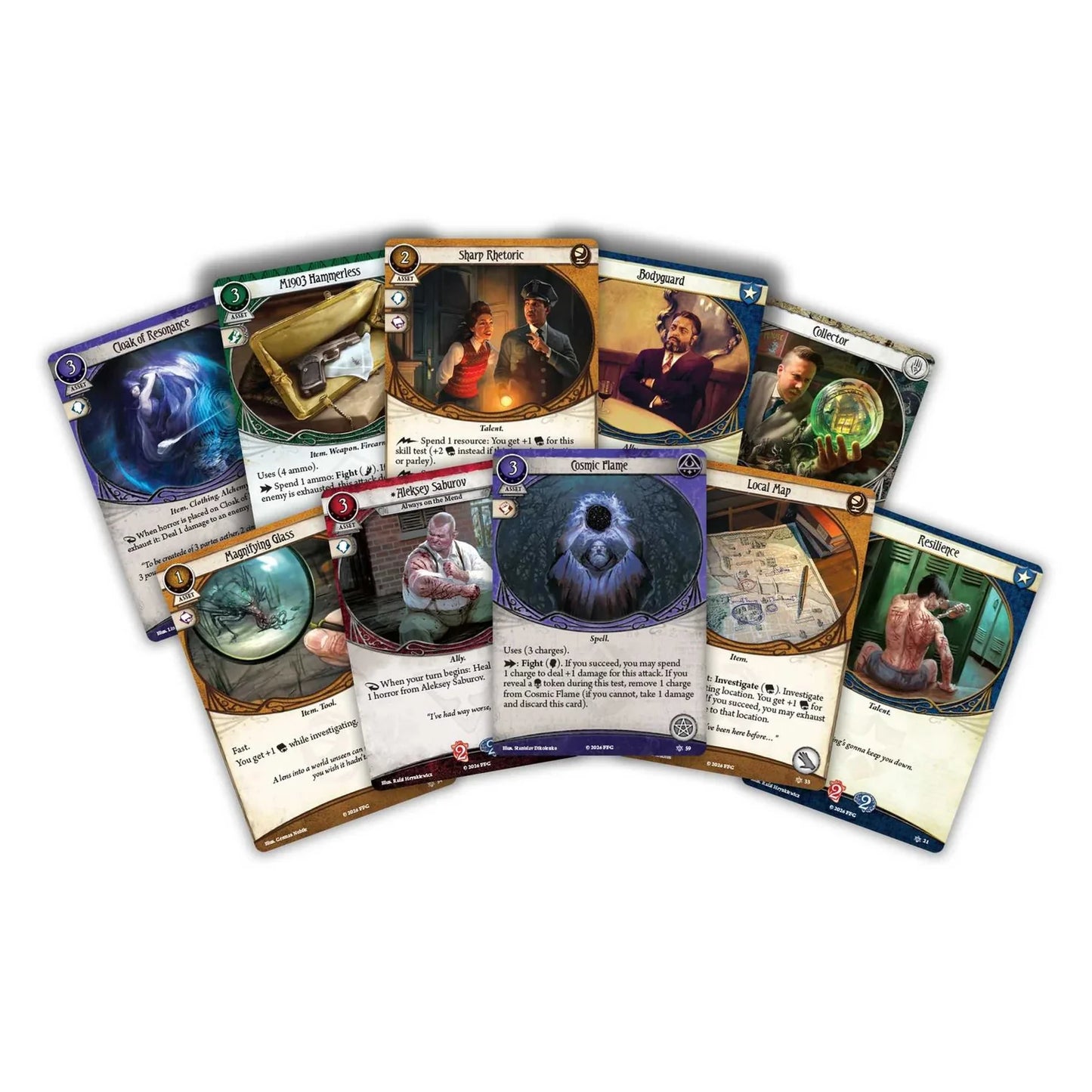 Collection of trading cards with various illustrations on a white background