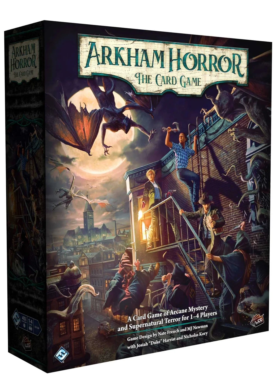 Arkham Horror card game box with dark fantasy artwork on a white background