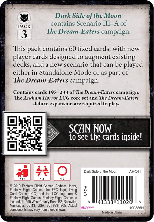 Card game pack back with text and QR code for 'Dark Side of the Moon' scenario
