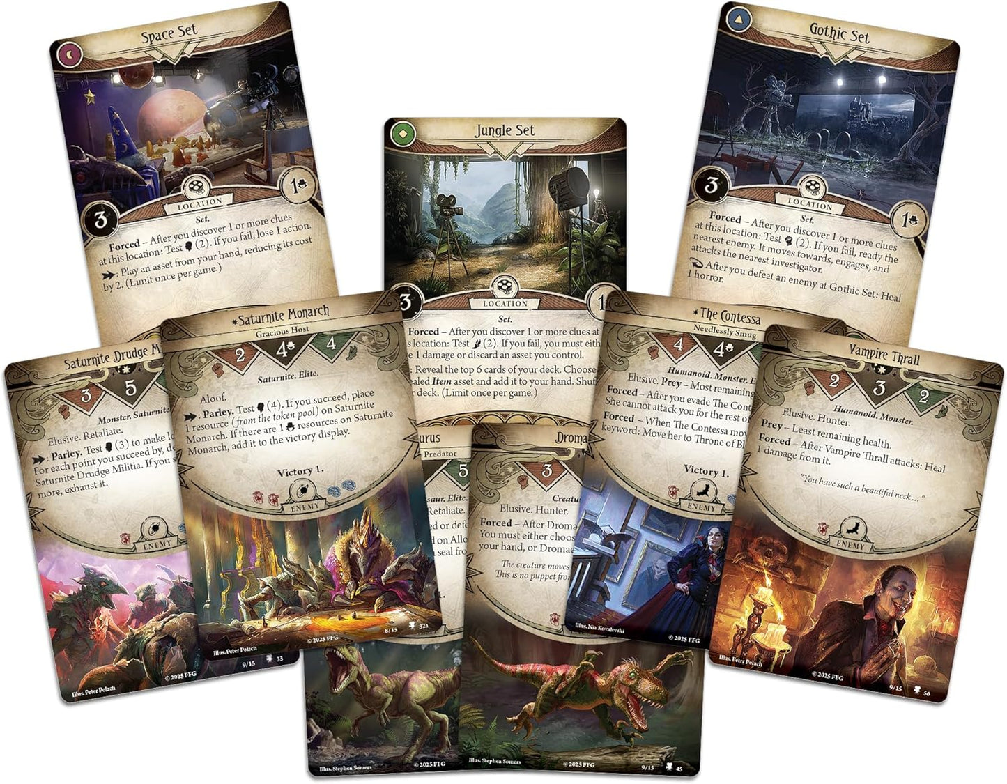 Collection of fantasy-themed cards with various designs and text on a white background
