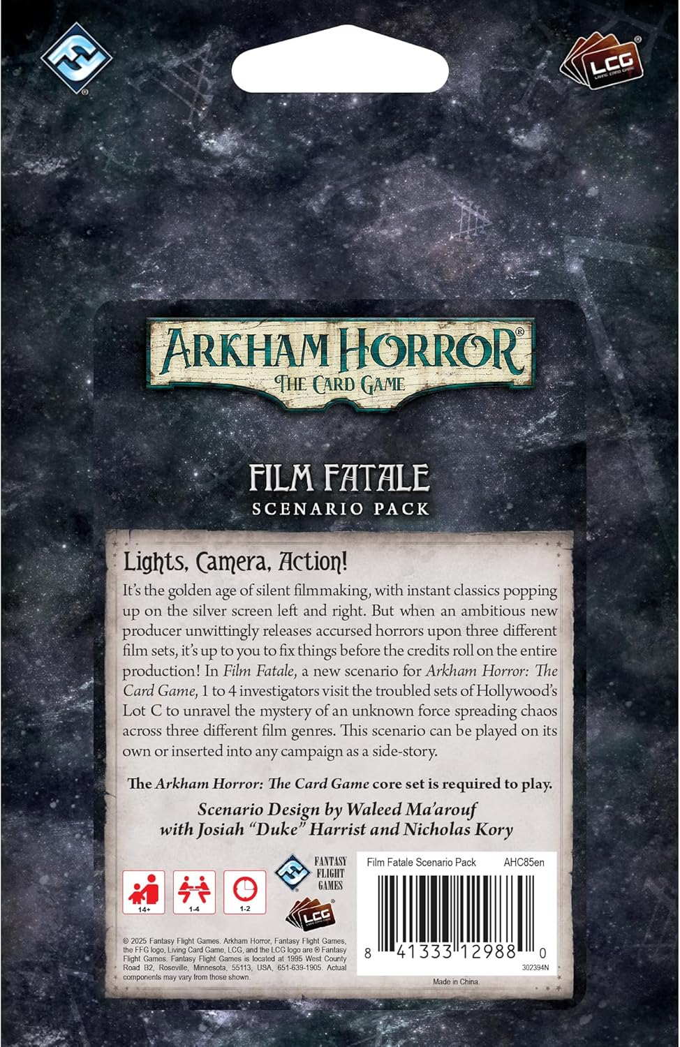 Arkham Horror The Card Game Film Fatale scenario pack on a textured gray background