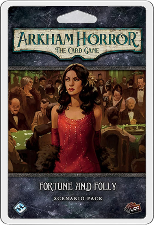 Arkham Horror: The Card Game scenario pack, featuring a woman in a red dress at a casino table, with a card game scenario pack title of 'Fortune and Folly'.