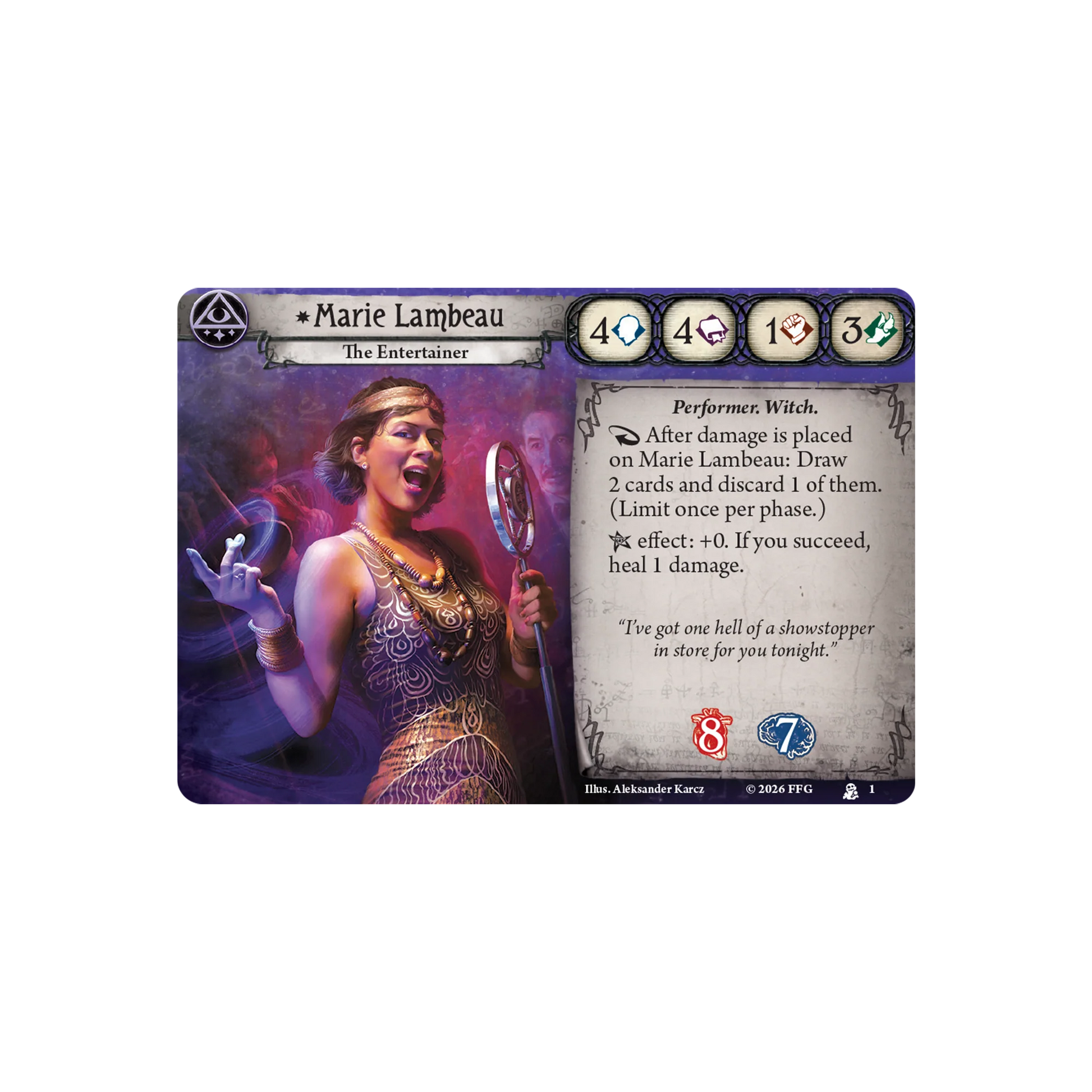Arkham Horror The Card Game Marie Lam Beau Investigator Deck Card featuring Marie Lambeau, The Entertainer, with game text and icons on a white background