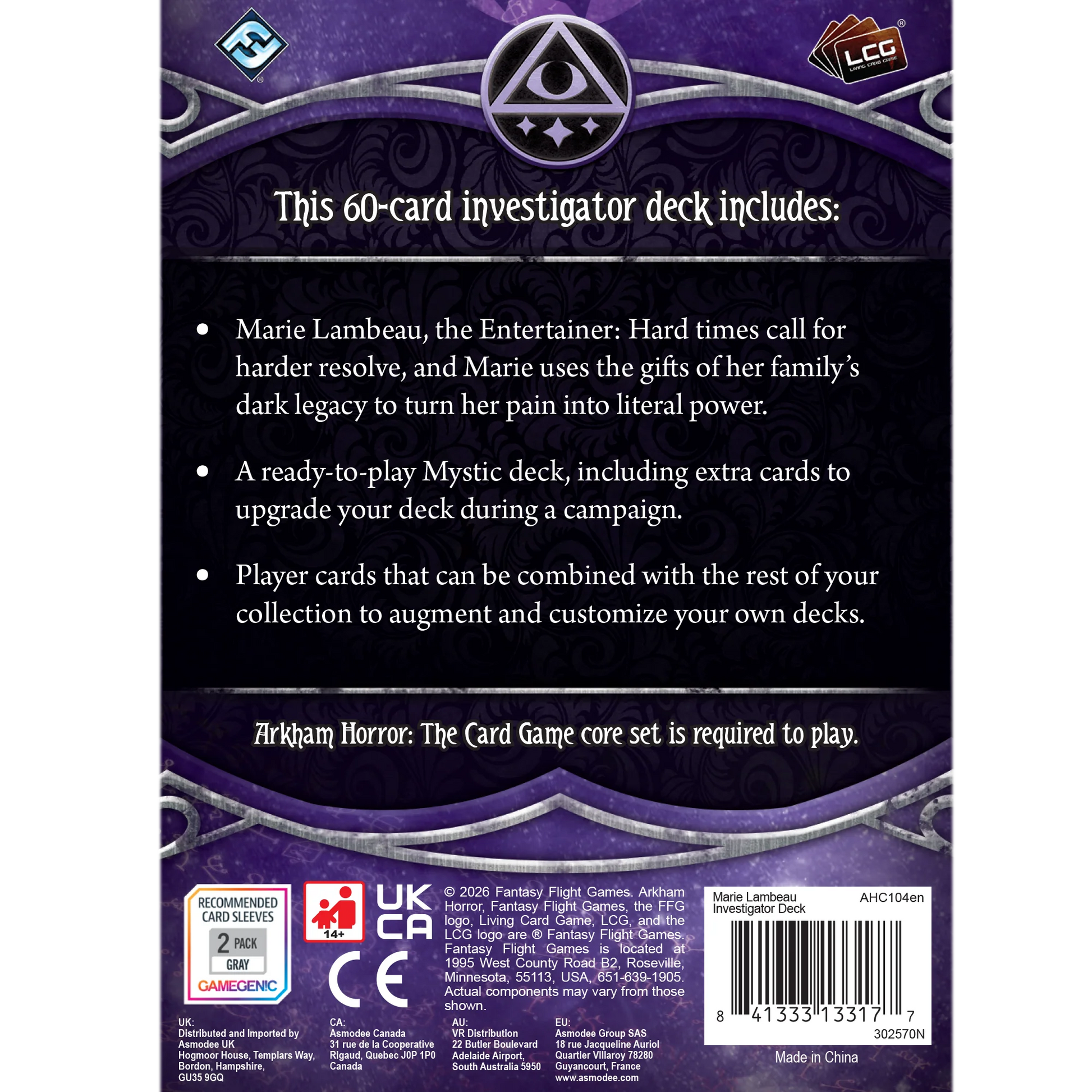 Back of a card game deck packaging with text and logos for Arkham Horror The Card Game Marie Lam Beau Investigator Deck 