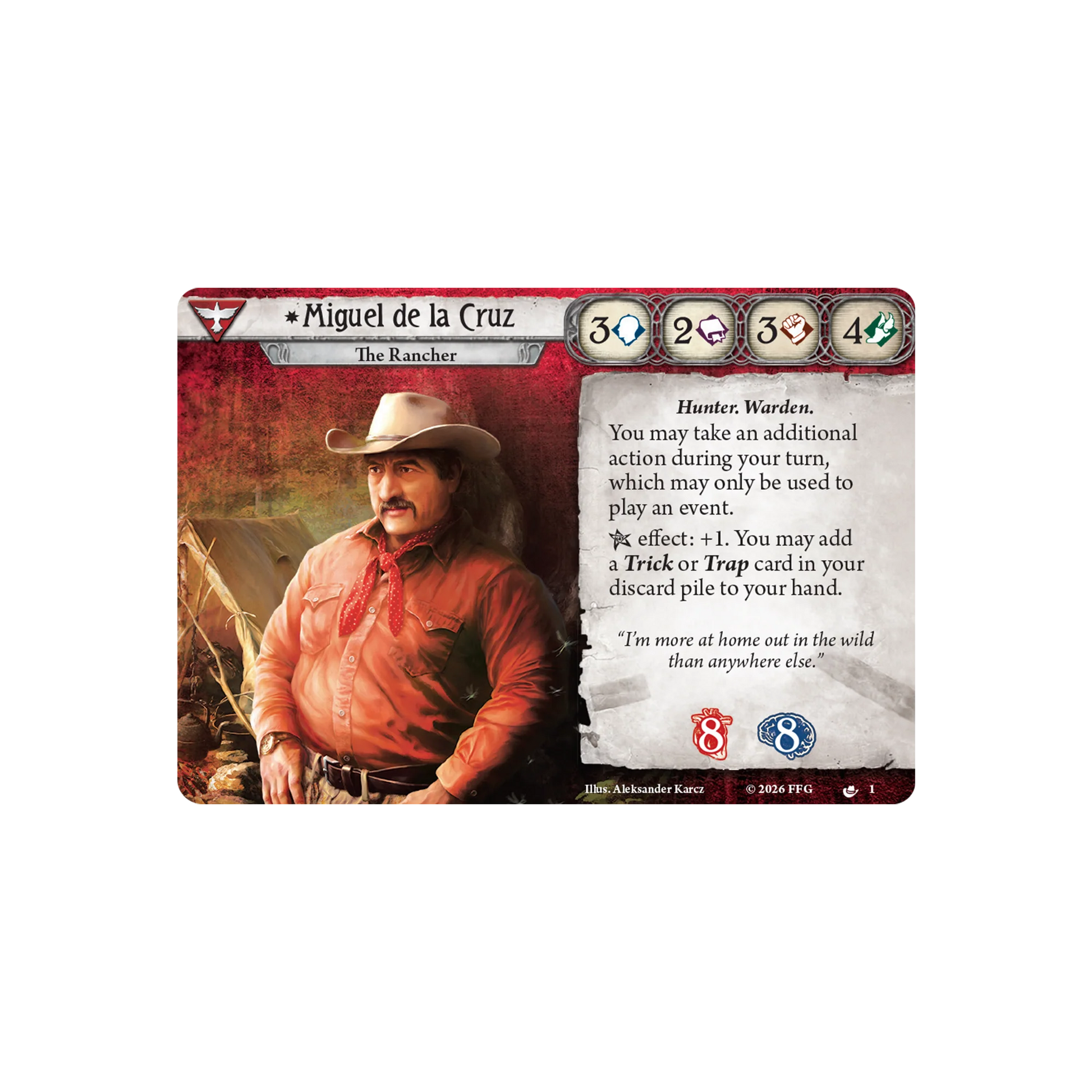 Arkham Horror: The Card Game - Miguel de la Cruz Investigator Deck Card featuring a character named Miguel de la Cruz with game mechanics on a white background