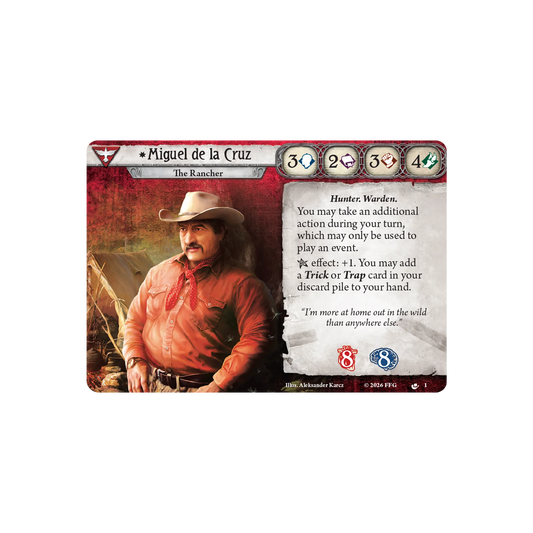Arkham Horror: The Card Game - Miguel de la Cruz Investigator Deck Card featuring a character named Miguel de la Cruz with game mechanics on a white background