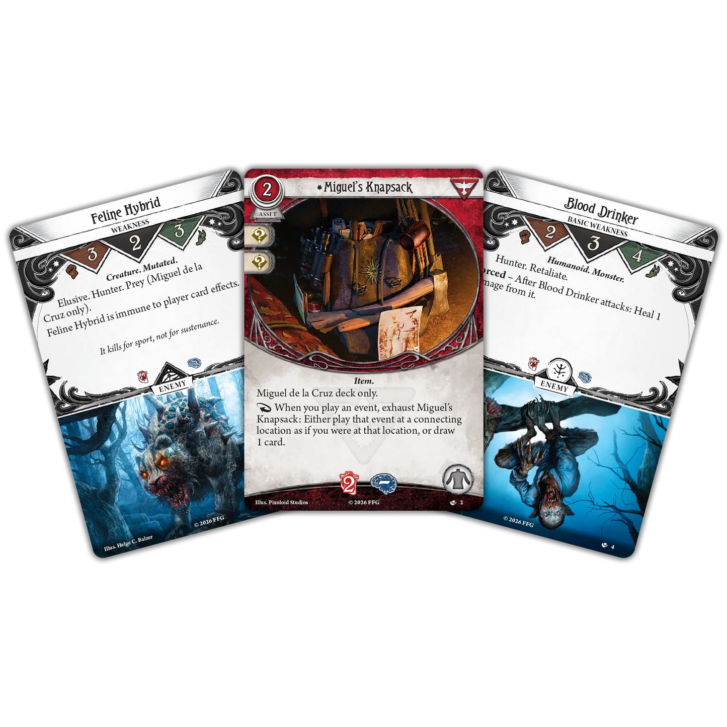 Arkham Horror: The Card Game - Miguel de la Cruz Investigator Deck with three cards displayed on a white background