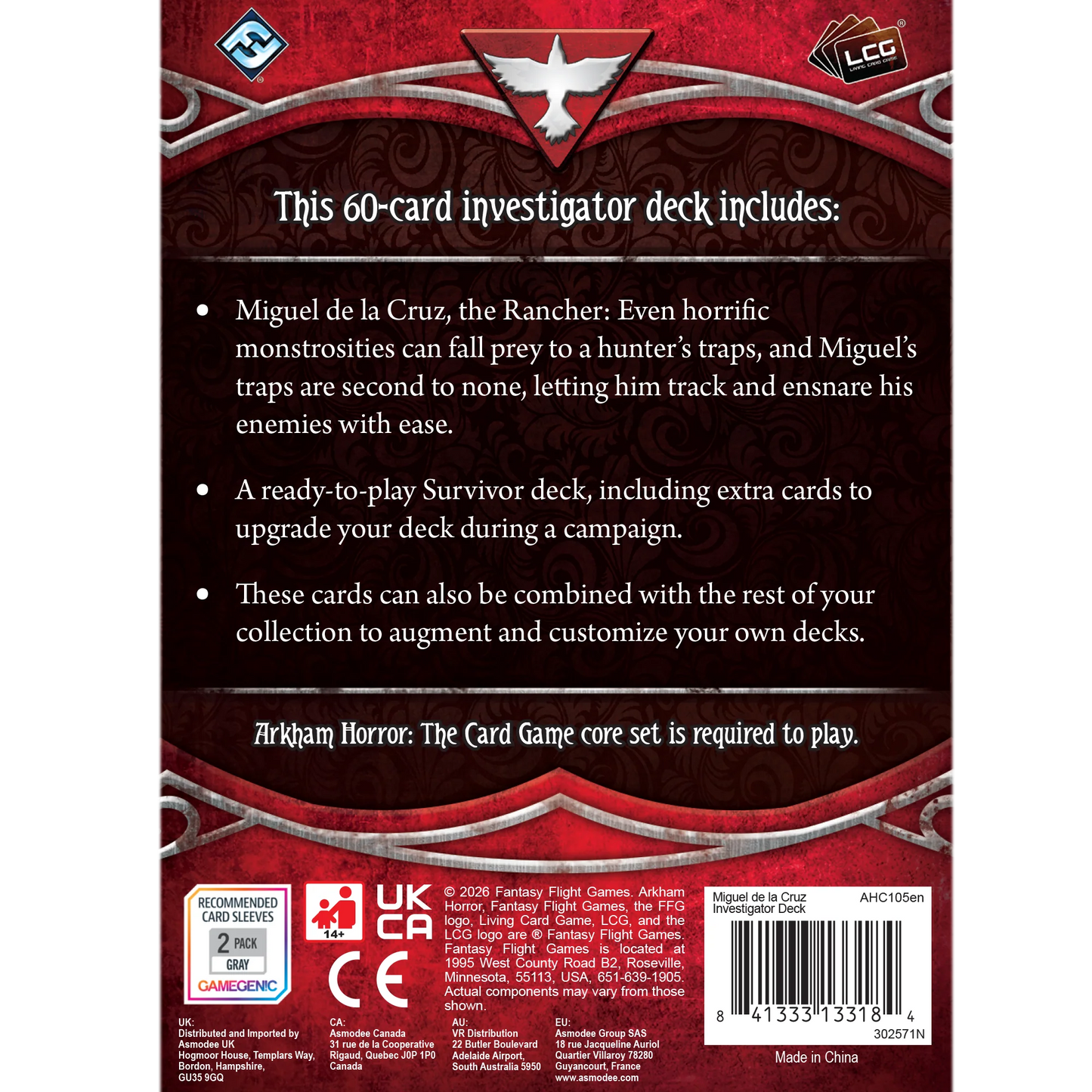Back of a card game deck packaging with text and logos for Arkham Horror: The Card Game - Miguel de la Cruz Investigator Deck