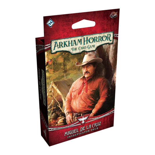 Arkham Horror The Card Game packaging with a character in a cowboy hat and red shirt on a white background