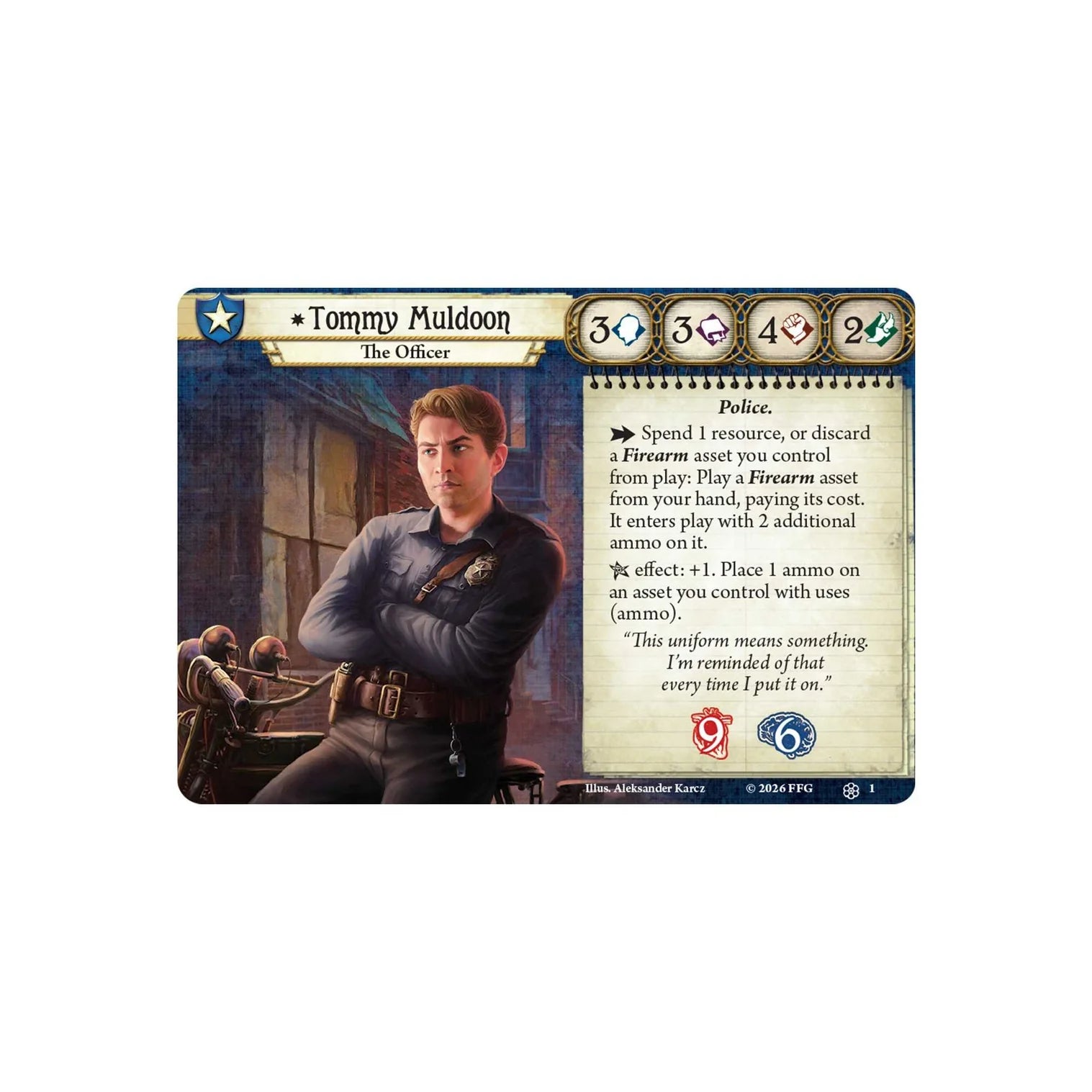 Card featuring Tommy Muldoon, The Officer, from a game with character portrait and text.