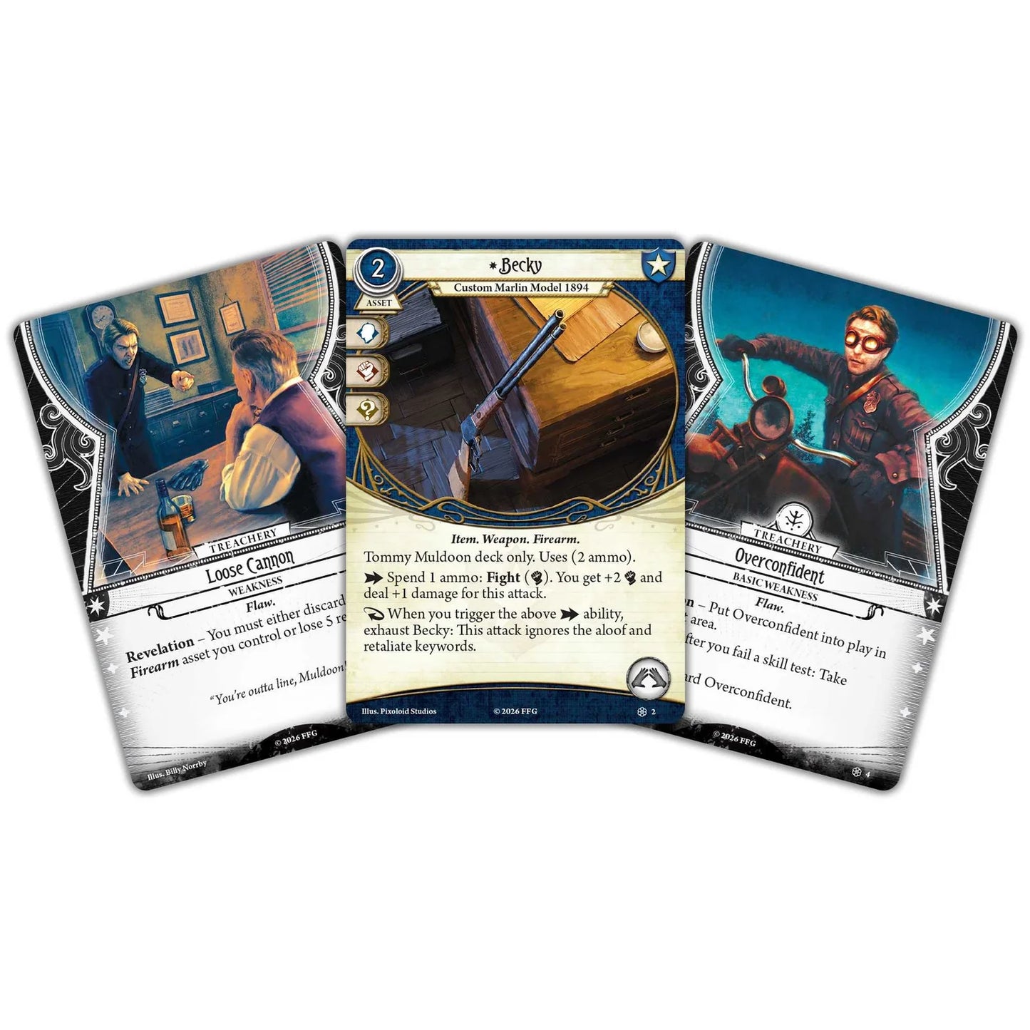 Three trading cards featuring characters and text on a white background