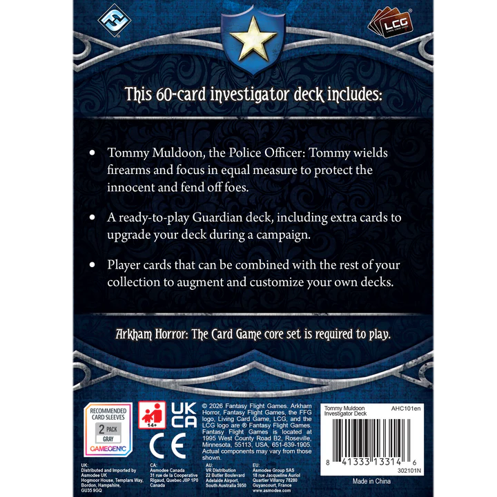 Back of a card featuring text about a 60-card investigator deck with game details.