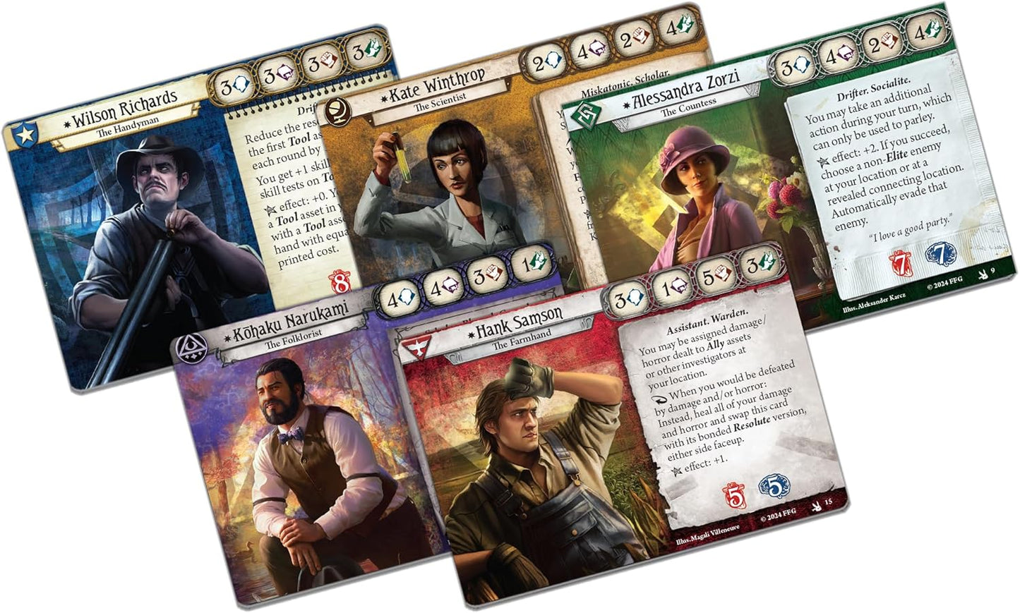 Collection of character cards from a tabletop game with various portraits and text.