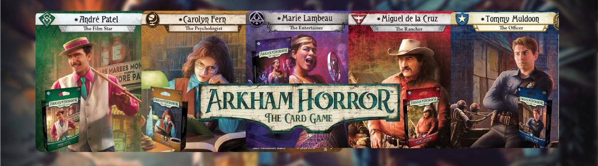 Arkham Horror card game character cards displayed in a row with a dark background.