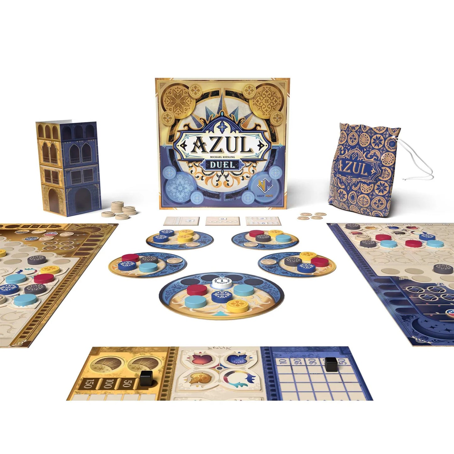 Azul Duel board game set with pieces and packaging on a white background