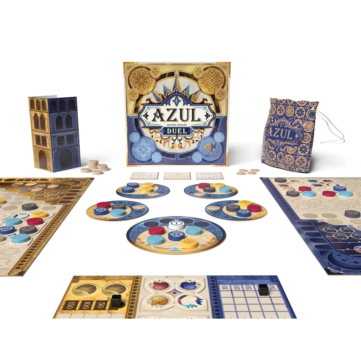 Azul Duel board game set with pieces and packaging on a white background
