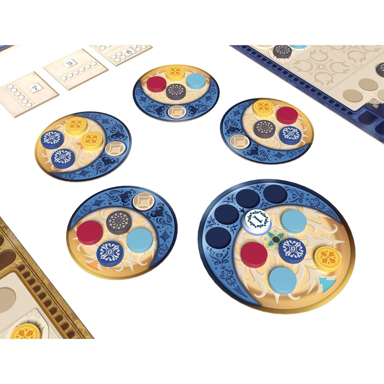 Colourful game pieces on a board with a white background