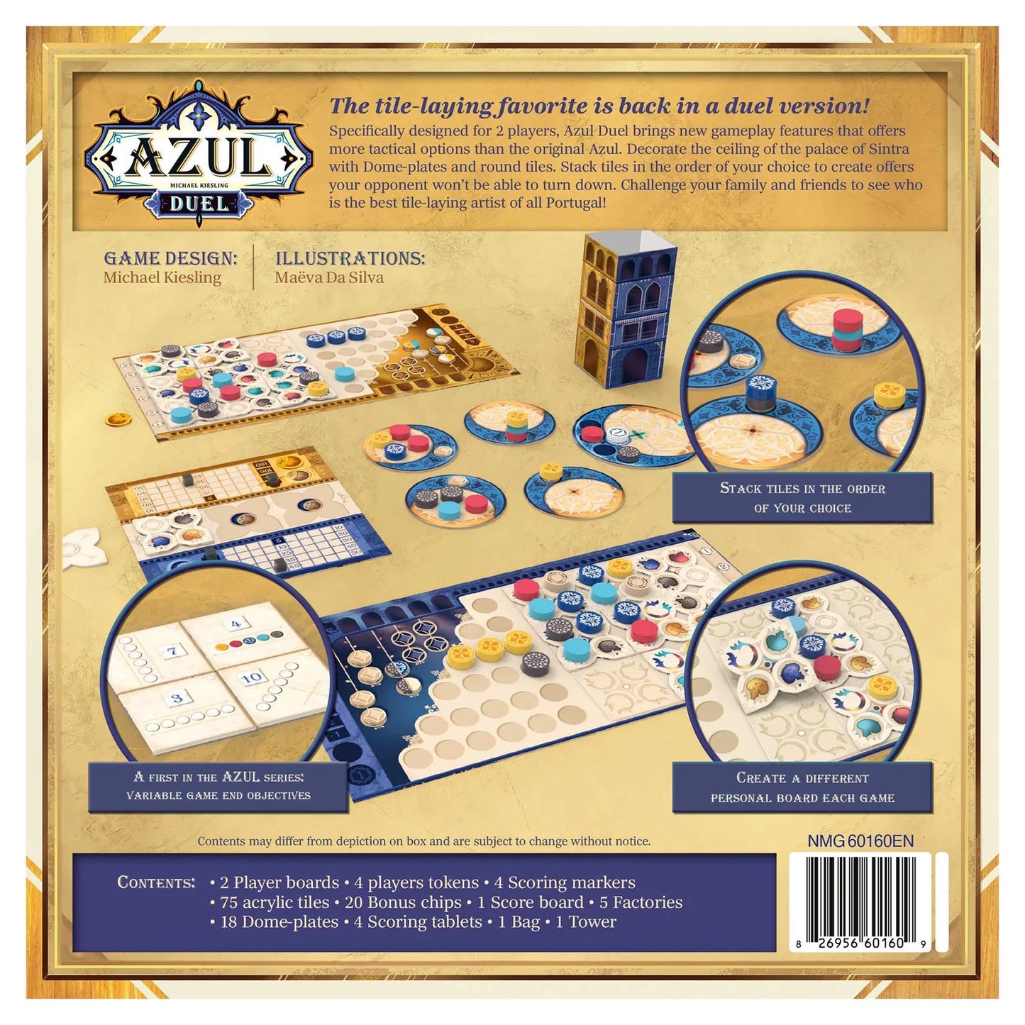 Back of a board game packaging for 'Azul Duel' with game pieces and instructions.