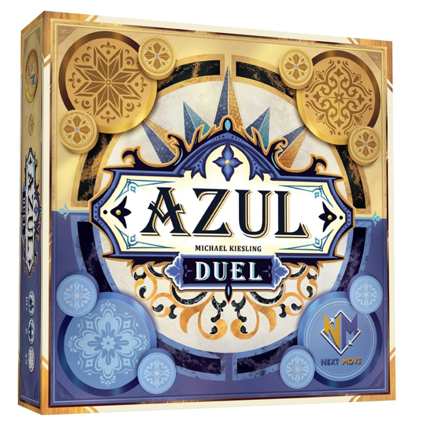 Board game box for 'Azul Duel' with decorative patterns by 'Next Move Games'