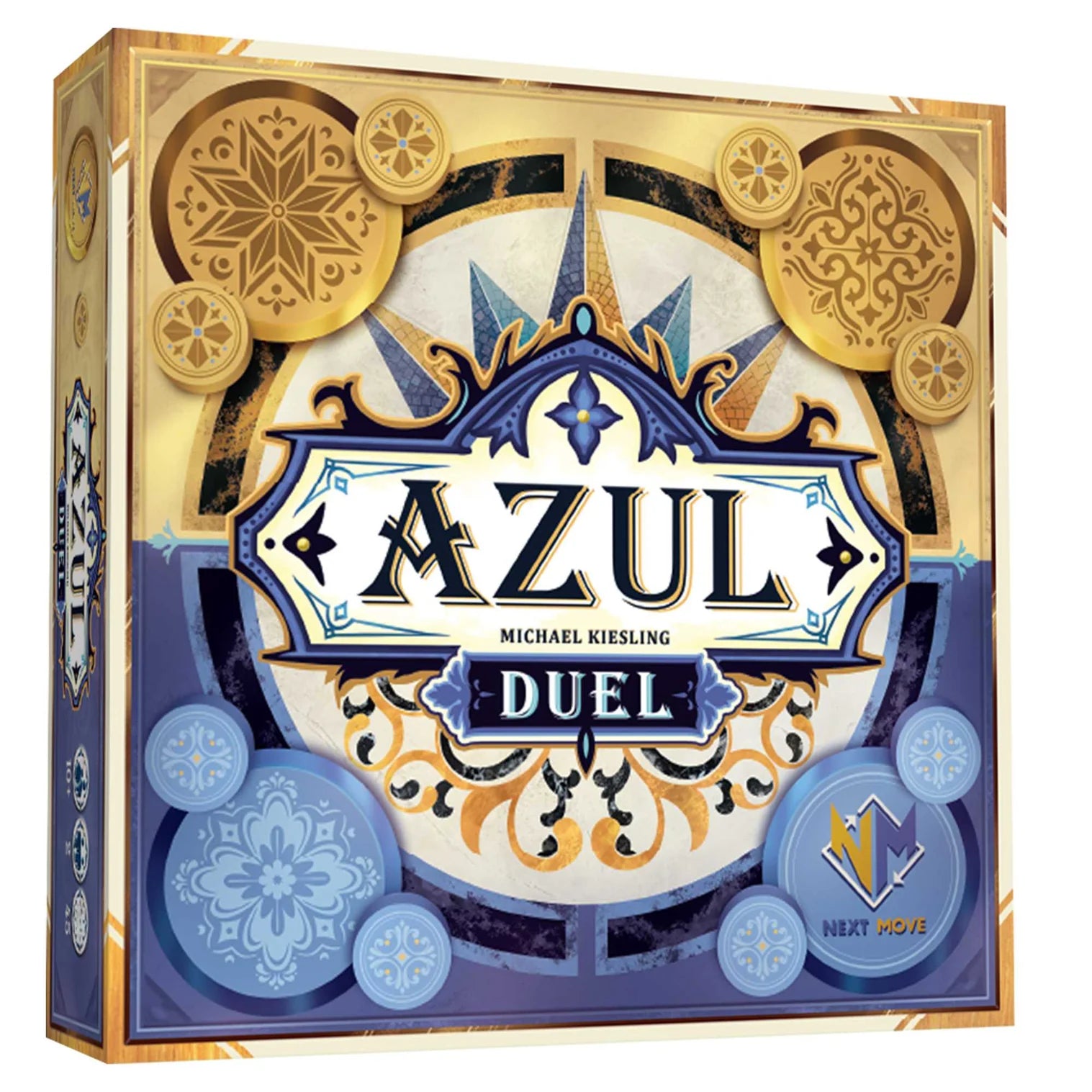 Board game box for 'Azul Duel' with decorative patterns by 'Next Move Games'