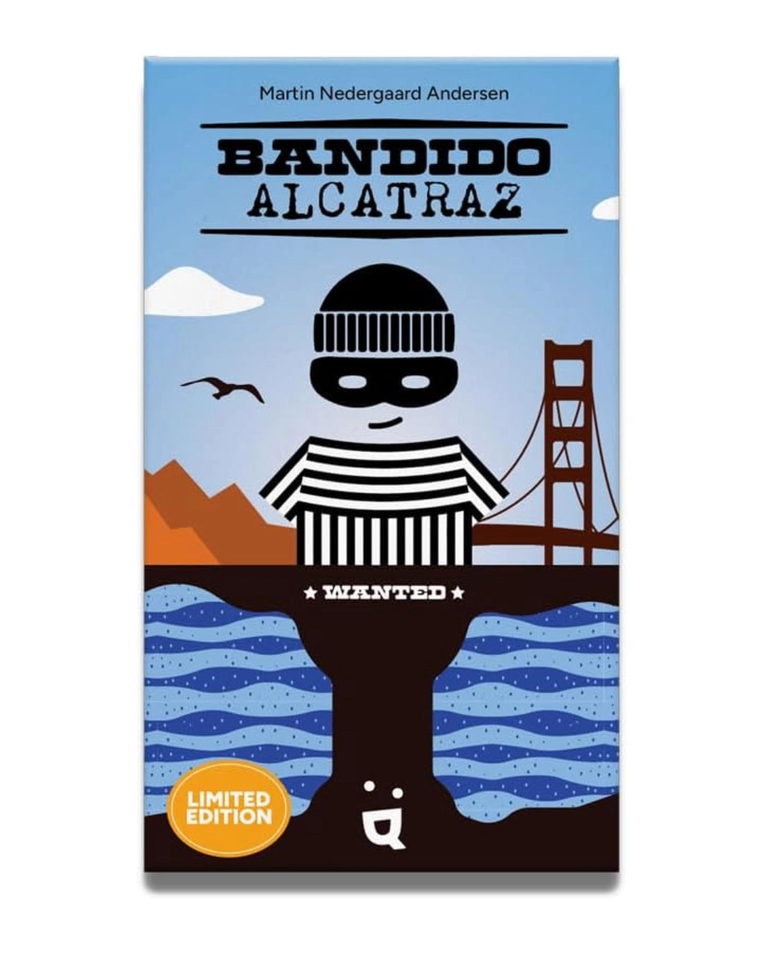 Card game packaging for 'Bandido Alcatraz' with a stylised illustration of a prisoner and a bridge in the background.