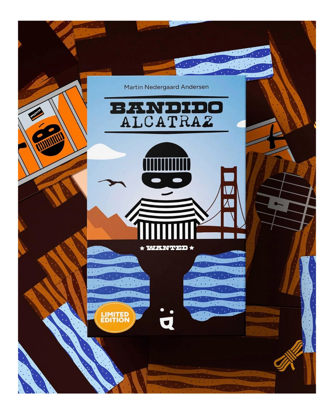 Card game 'Bandido Alcatraz' with a stylised illustration of a prisoner on a bridge.